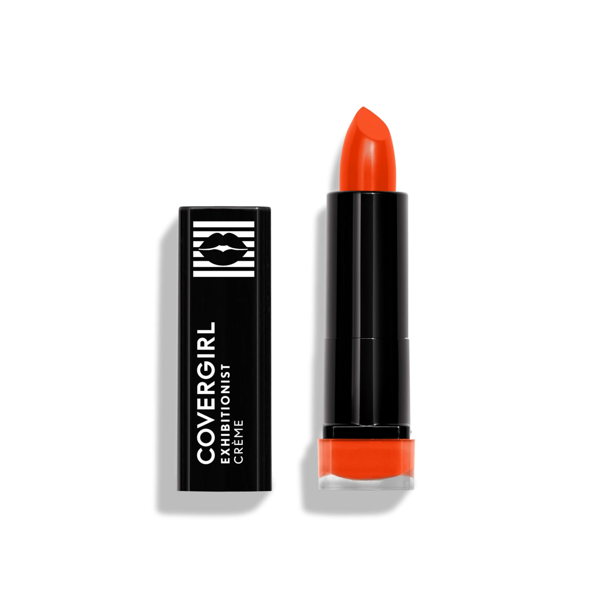 CoverGirl Exhibitionist Cream Lipstick Orange AF closed cap swatch reveals vibrant color and smooth application