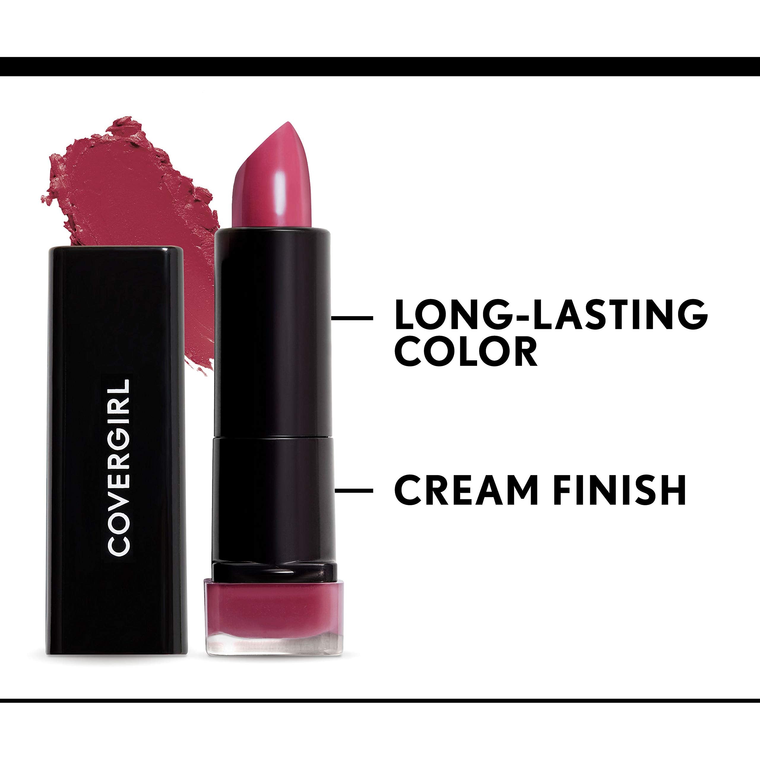 COVERGIRL Exhibitionist Lipstick Cream Bombshell Pink 425 swatch on arm shows lasting payoff.