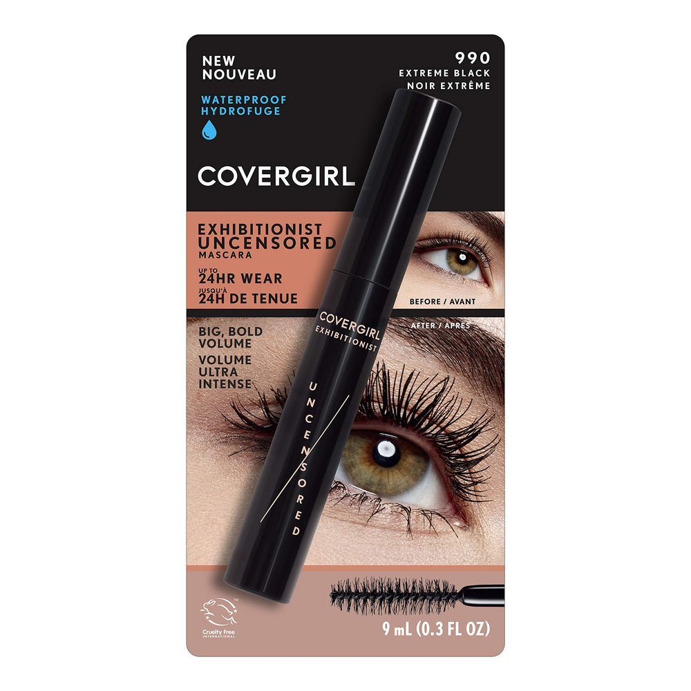 Covergirl Exhibitionist Mascara resistencia al agua para días activos sin manchas.