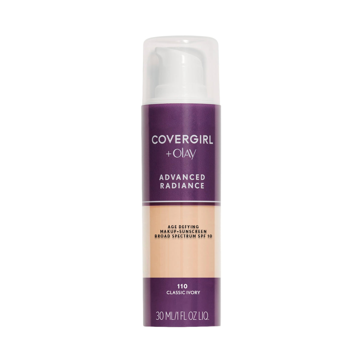 COVERGIRL Radiancia Avanzada: botella marfil clásico para cobertura suave y uniforme.