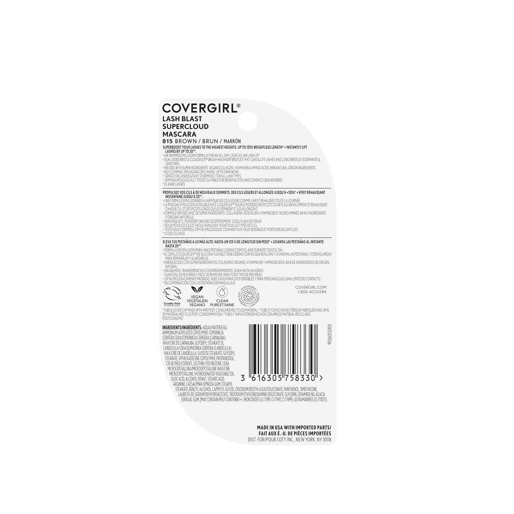 CoverGirl Lash Blast Supercloud para días largos con acabado claro.