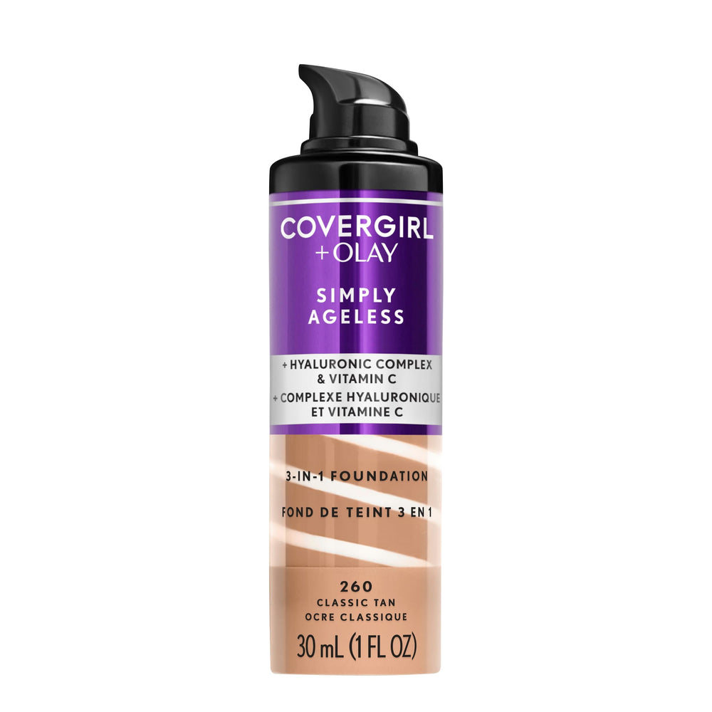 CoverGirl Olay Simply Ageless foundation bottle showing matte finish and hydrating formula.