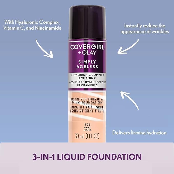 CoverGirl Olay Simply Ageless bottle close-up highlighting shade options for a seamless match.