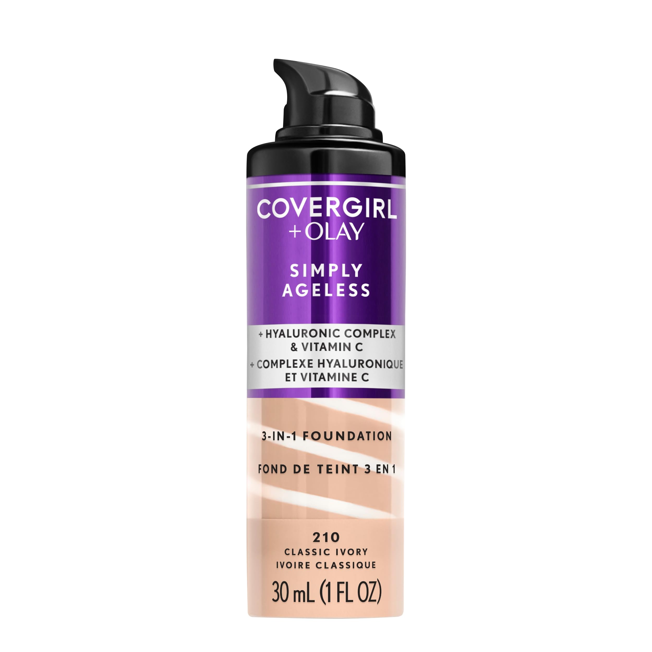 CoverGirl Olay Simply Ageless foundation bottle with pump for smooth, even application.