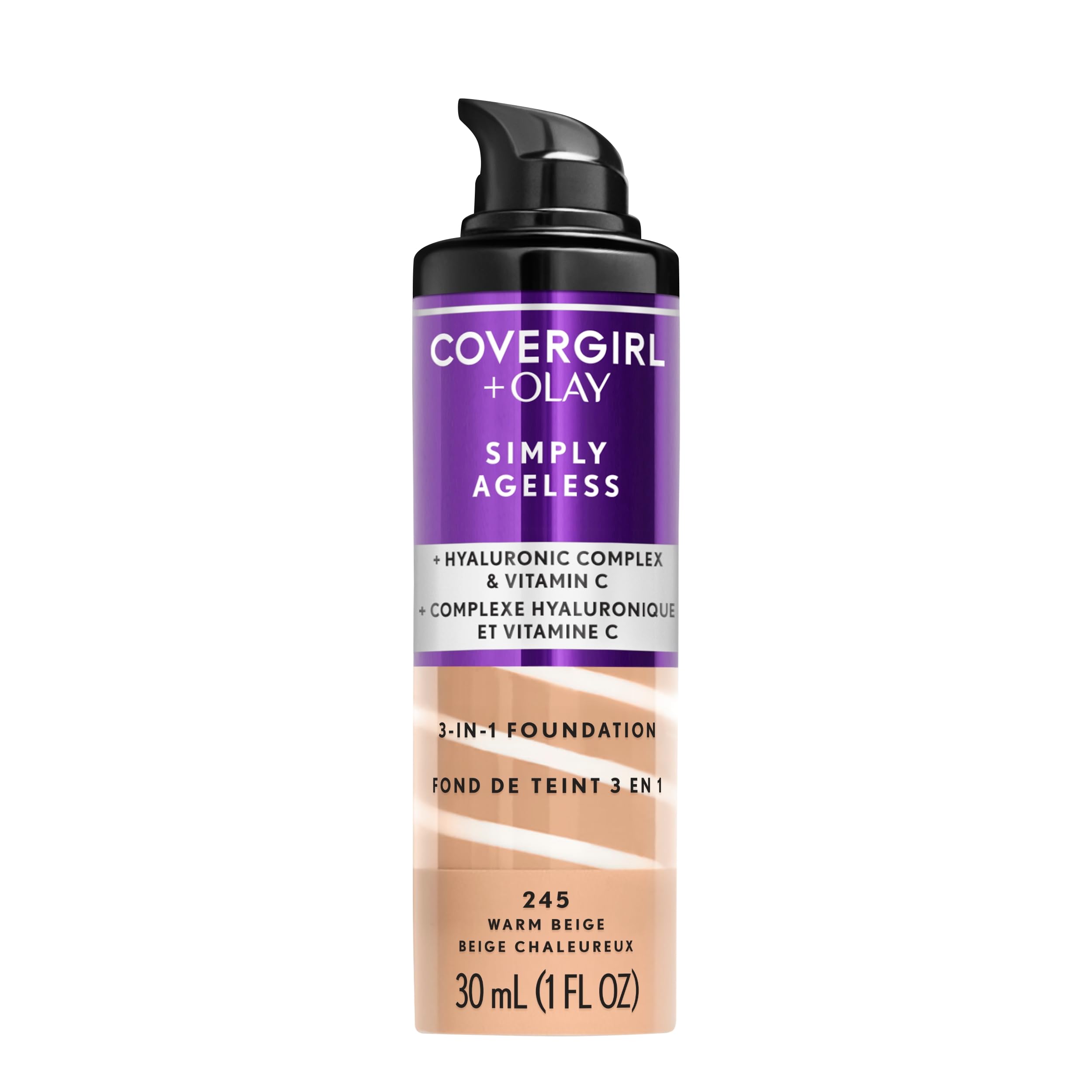 CoverGirl OLAY Simply Ageless foundation bottle front highlighting anti-aging formula