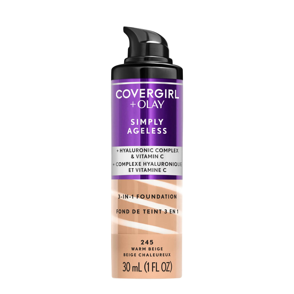 CoverGirl OLAY Simply Ageless foundation bottle front highlighting anti-aging formula