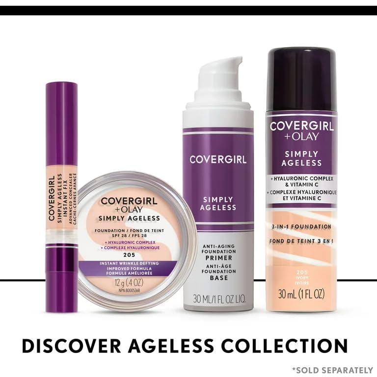 COVERGIRL Simply Ageless iconography of hyaluronic acid and vitamin C benefits.