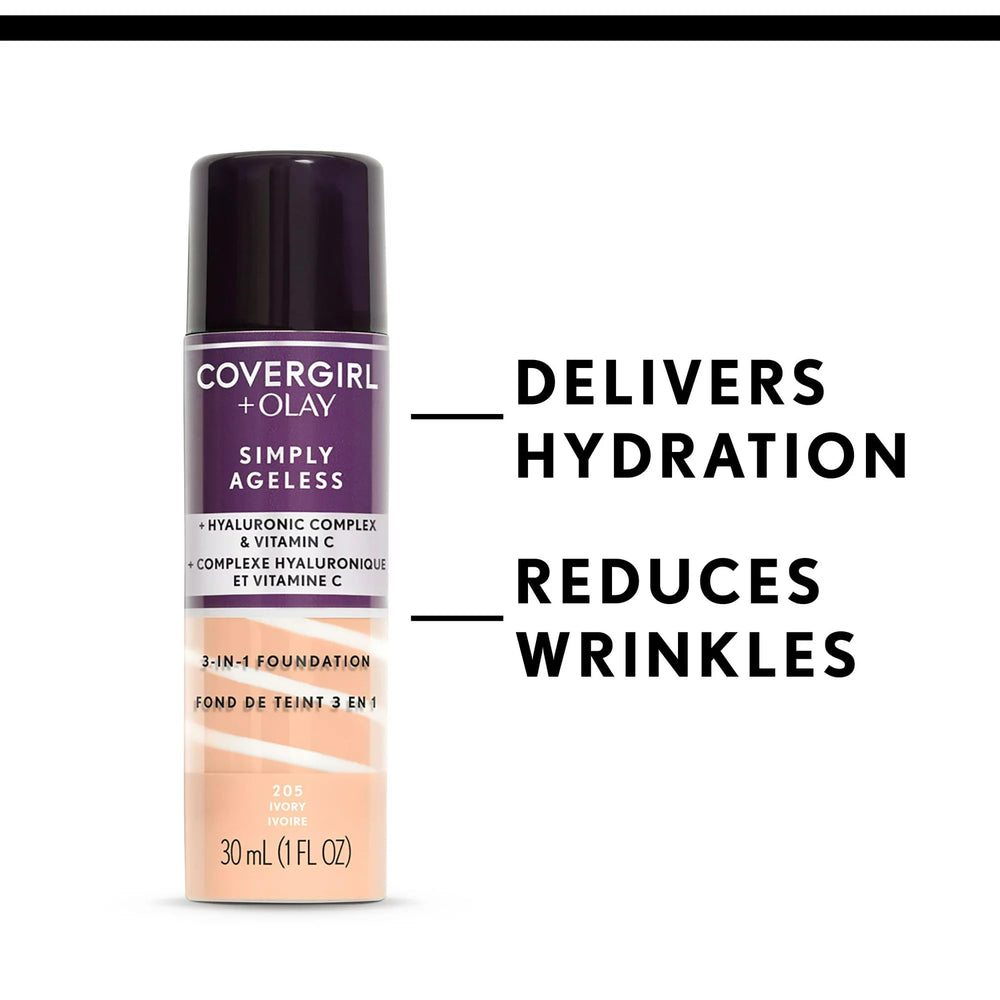CoverGirl Olay Simply Ageless vitamin C label graphic highlighting brightening support.