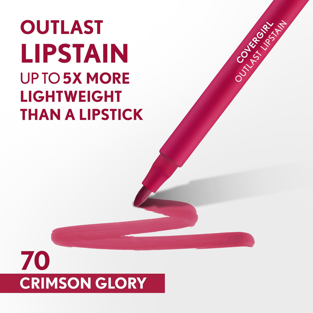 CoverGirl Outlast Crimson Glory: muestra en labios con acabado satinado y duradero.