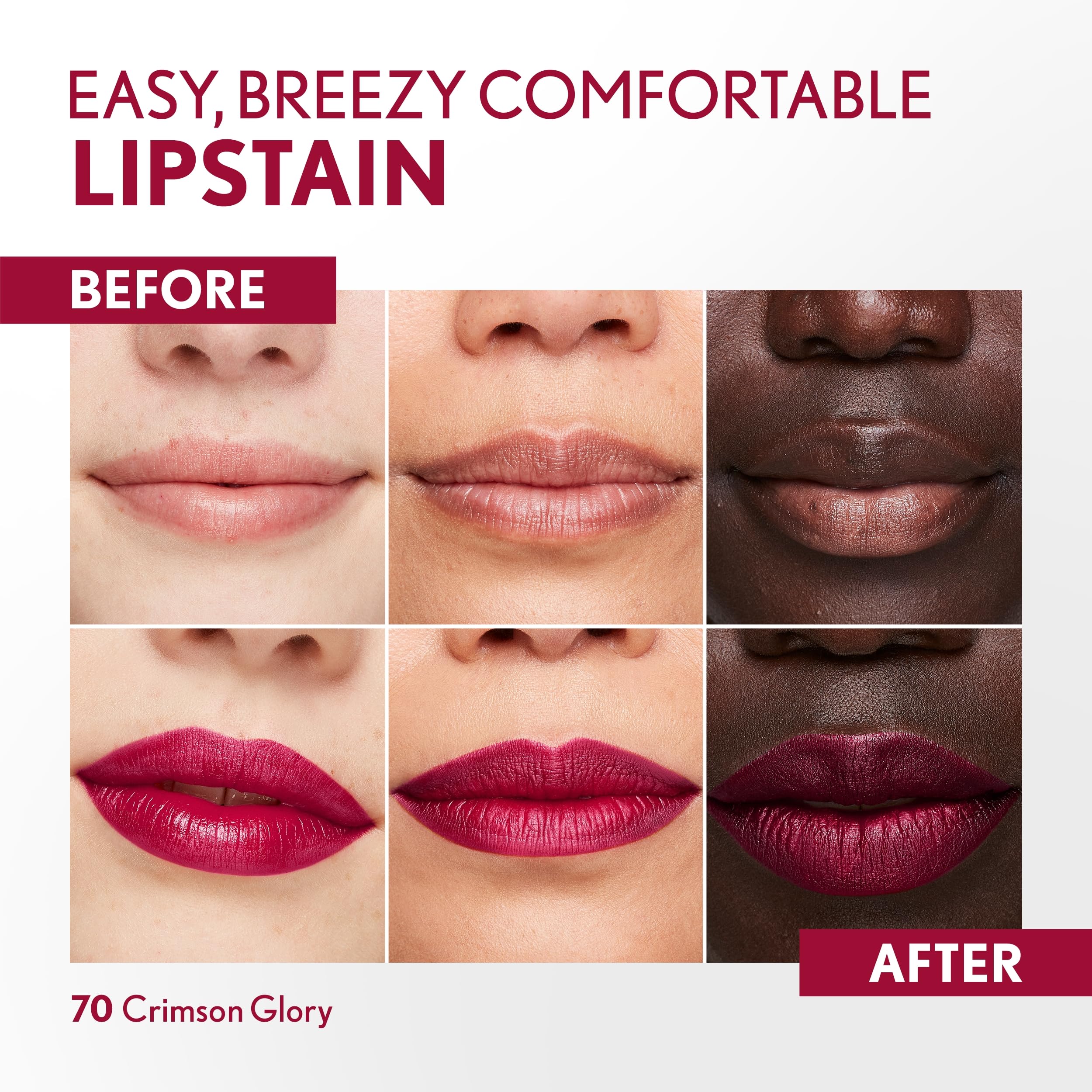 CoverGirl Outlast Crimson Glory: swatch de color en labios para tono suave.