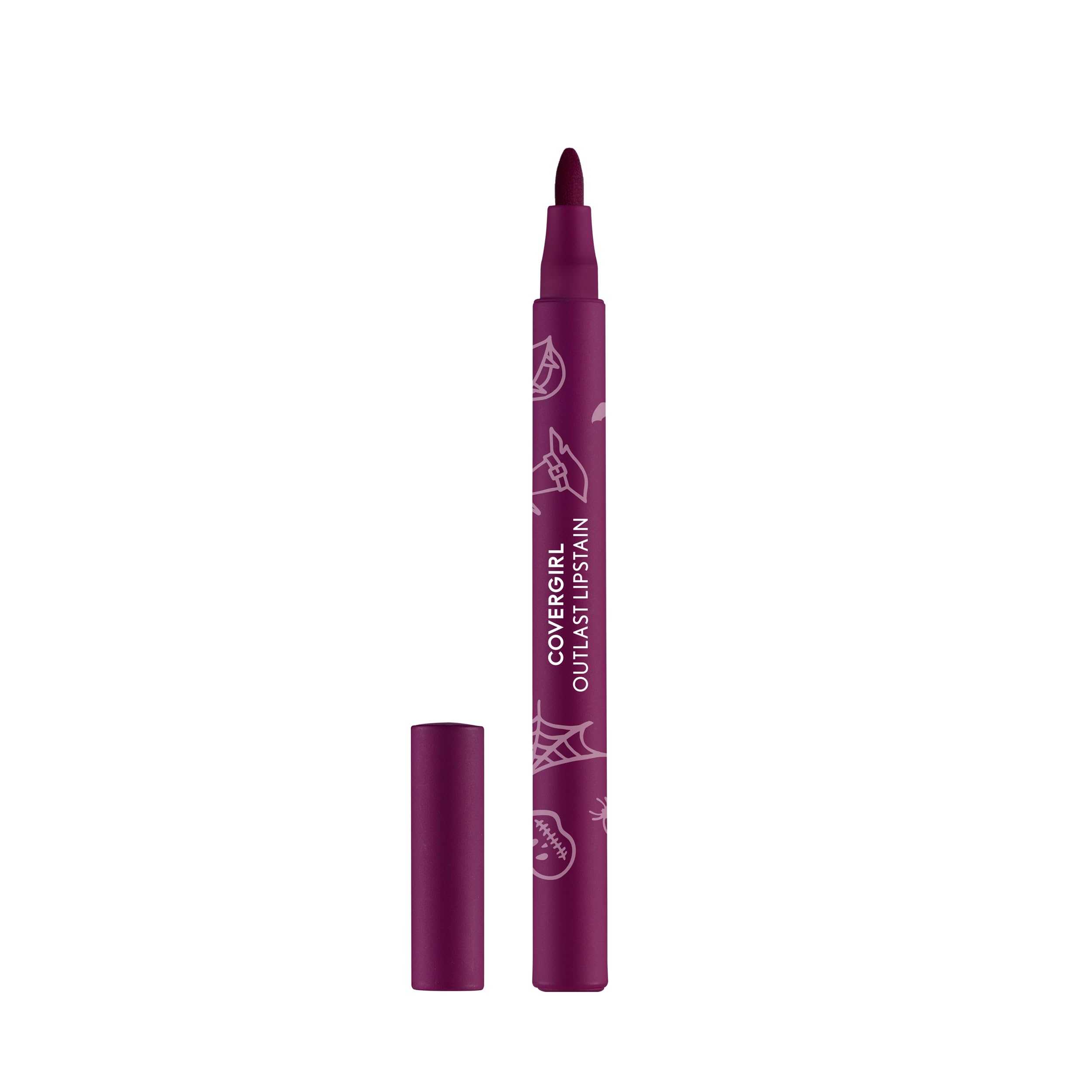 CoverGirl Outlast Extra Witchy lipstain packaging showcases festive design for Halloween-ready looks.