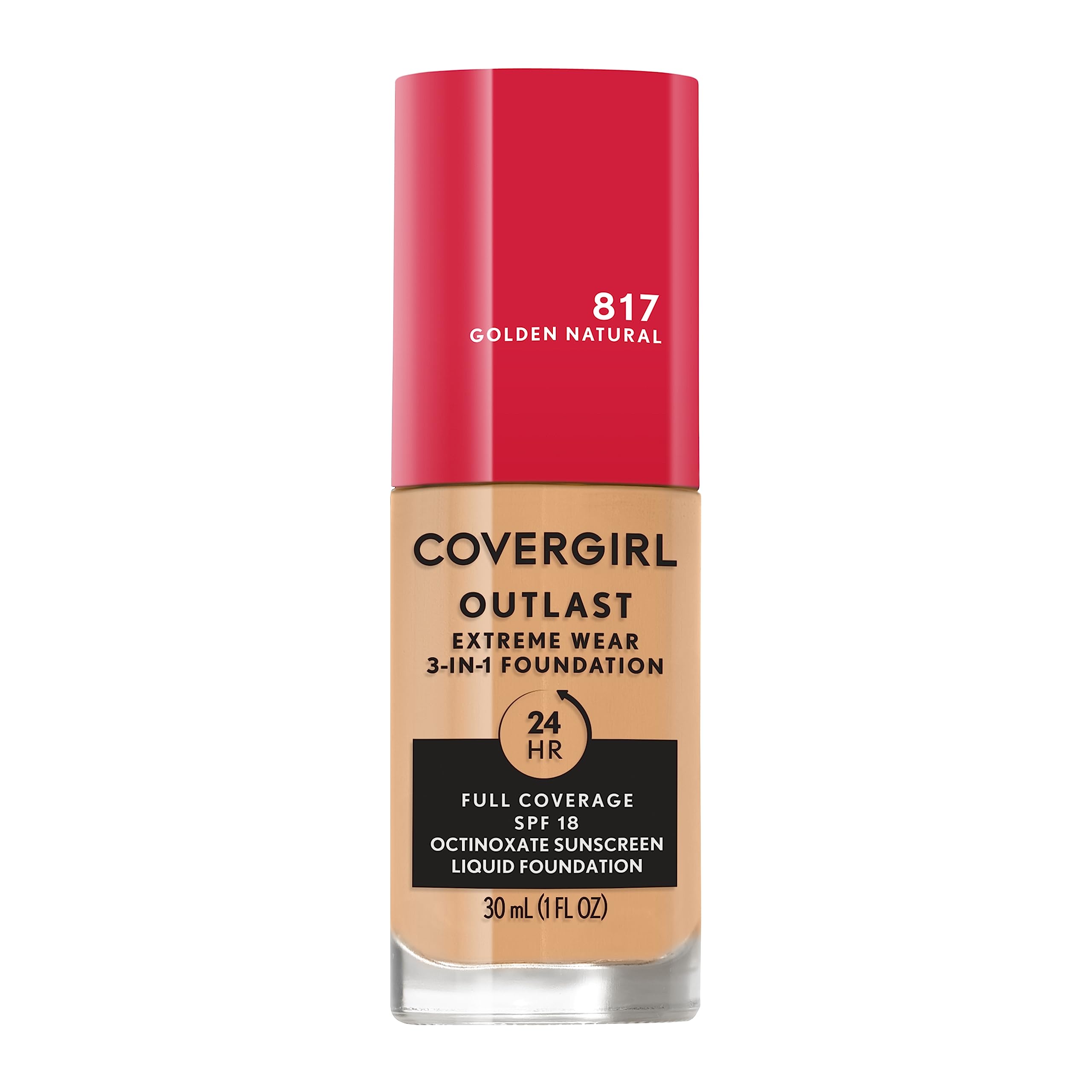 Covergirl Outlast Extreme Wear bottle close-up showing lightweight, long-lasting coverage.