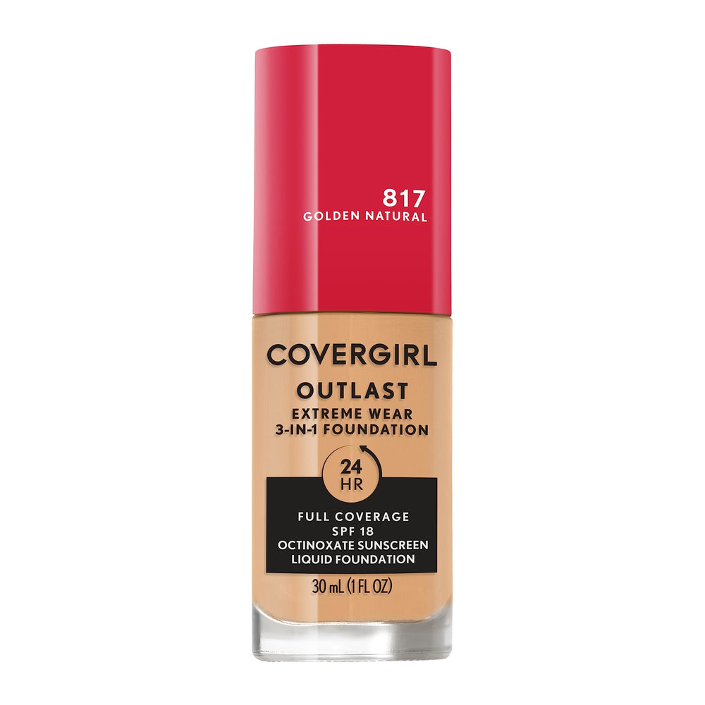 Covergirl Outlast Extreme Wear bottle close-up showing lightweight, long-lasting coverage.