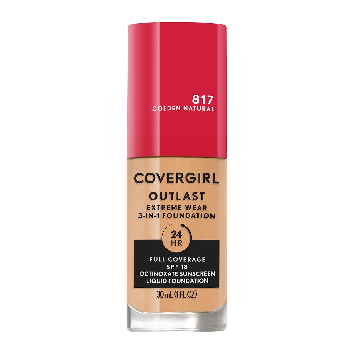 Covergirl Outlast Extreme Wear bottle close-up showing lightweight, long-lasting coverage.