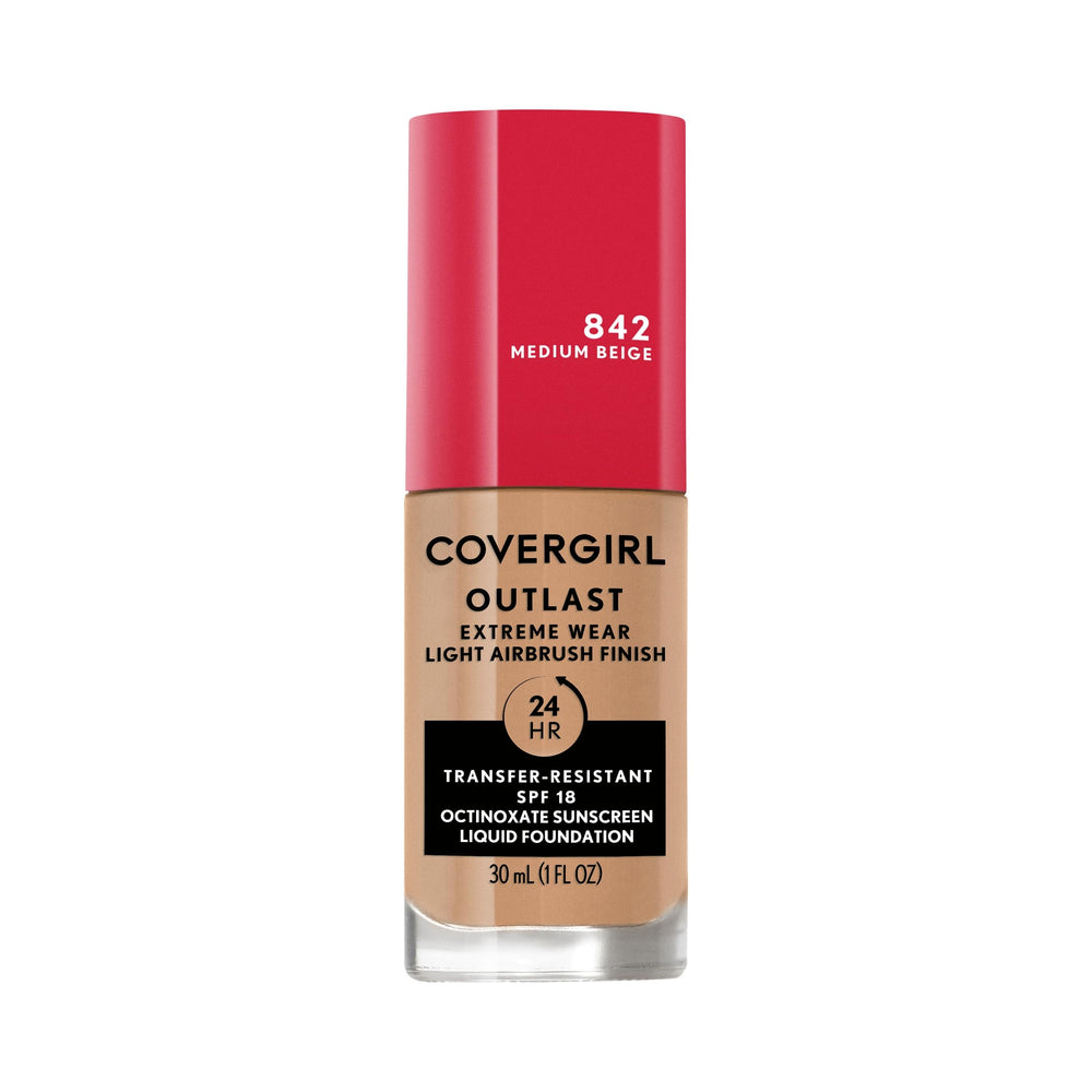 Covergirl Outlast Extreme Wear bottle close-up, lightweight formula for all-day wear.