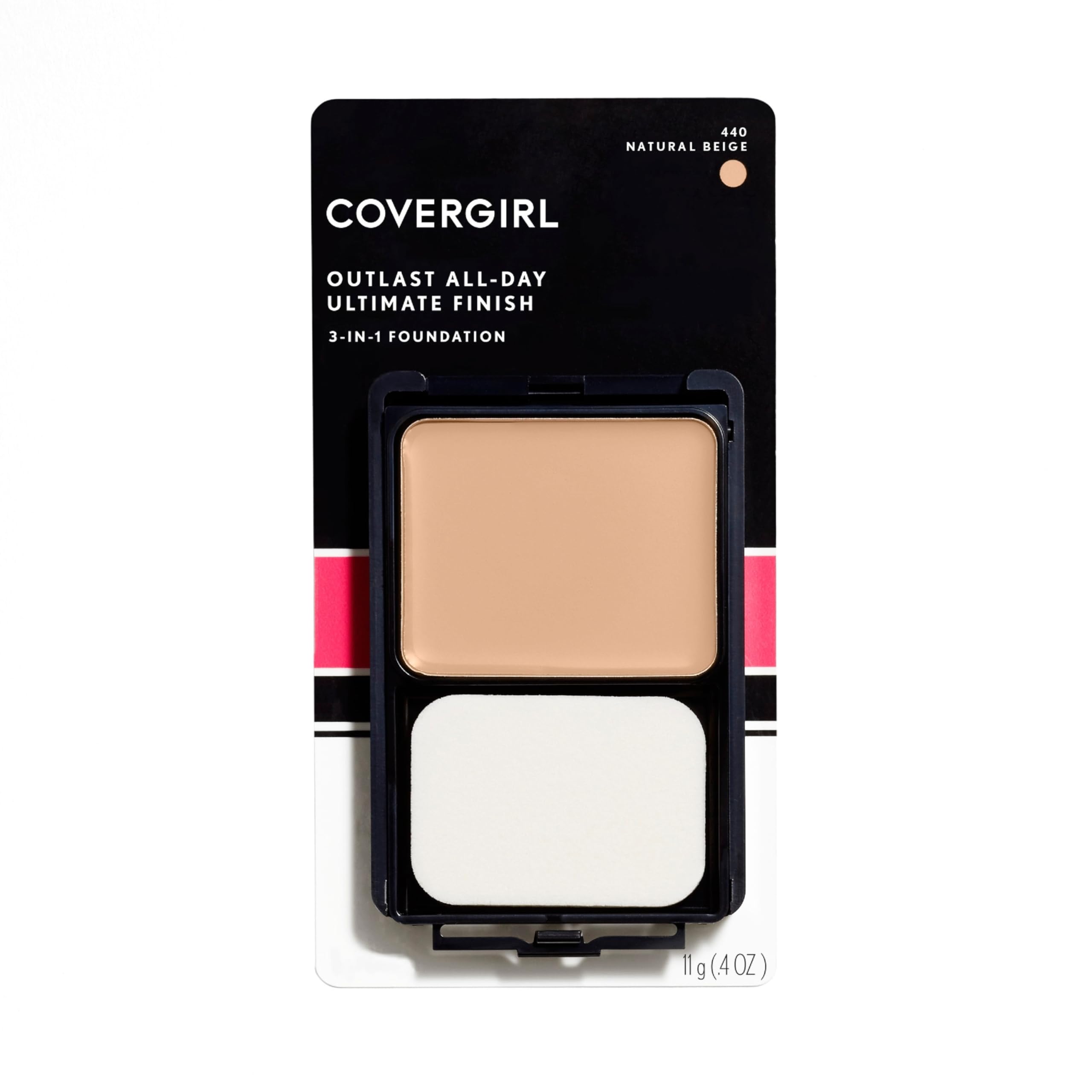 CoverGirl Outlast foundation natural beige compact showing three-in-one formula for easy, seamless coverage