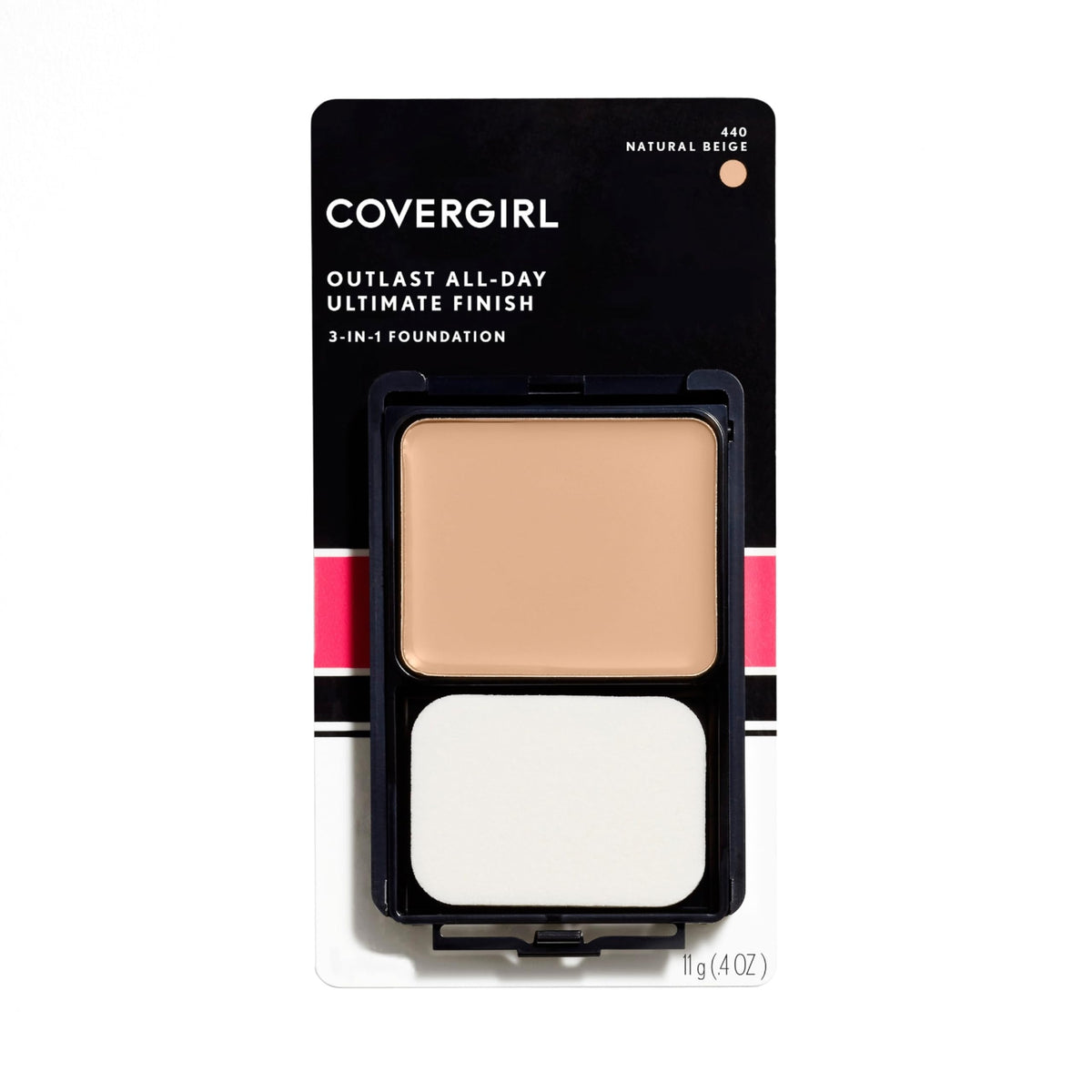 CoverGirl Outlast foundation natural beige compact showing three-in-one formula for easy, seamless coverage