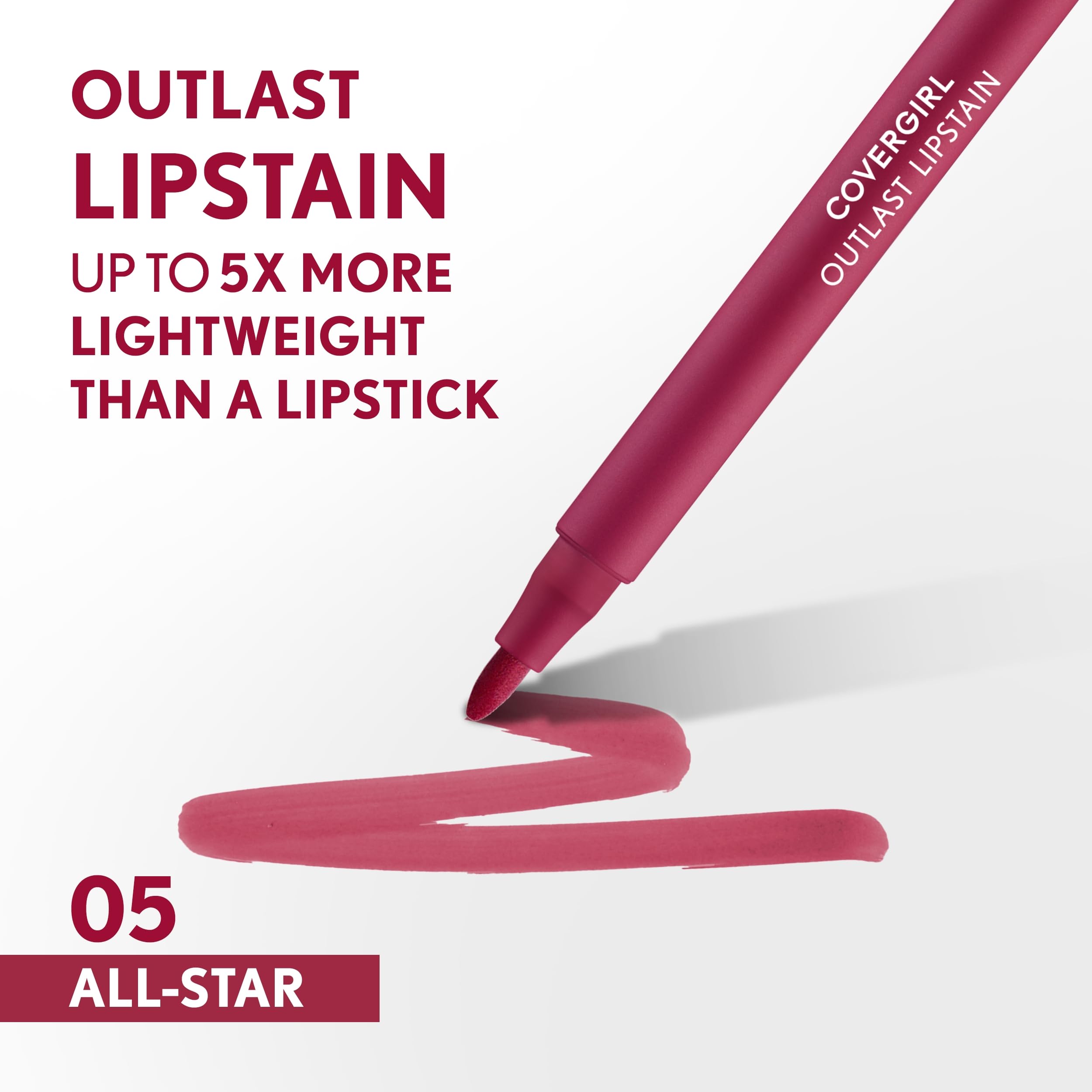CoverGirl Outlast Lipstain 05 All-Star, acabado satinado suave para look natural.