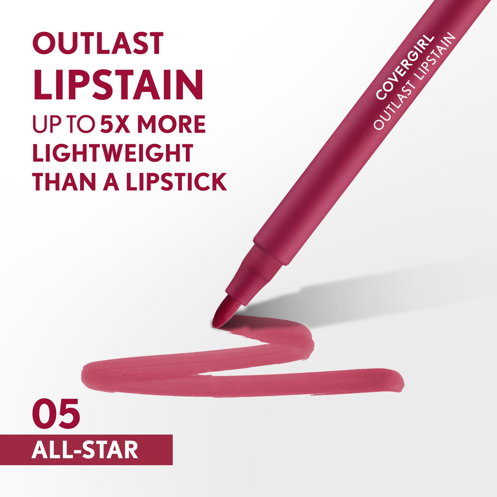 CoverGirl Outlast Lipstain 05 All-Star, acabado satinado suave para look natural.
