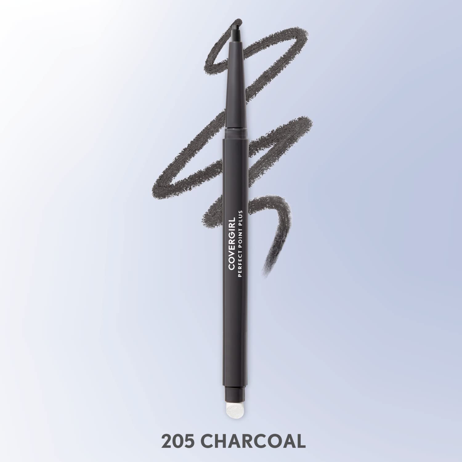Charcoal swatch on skin demonstrates rich color payoff by CoverGirl eyeliner.