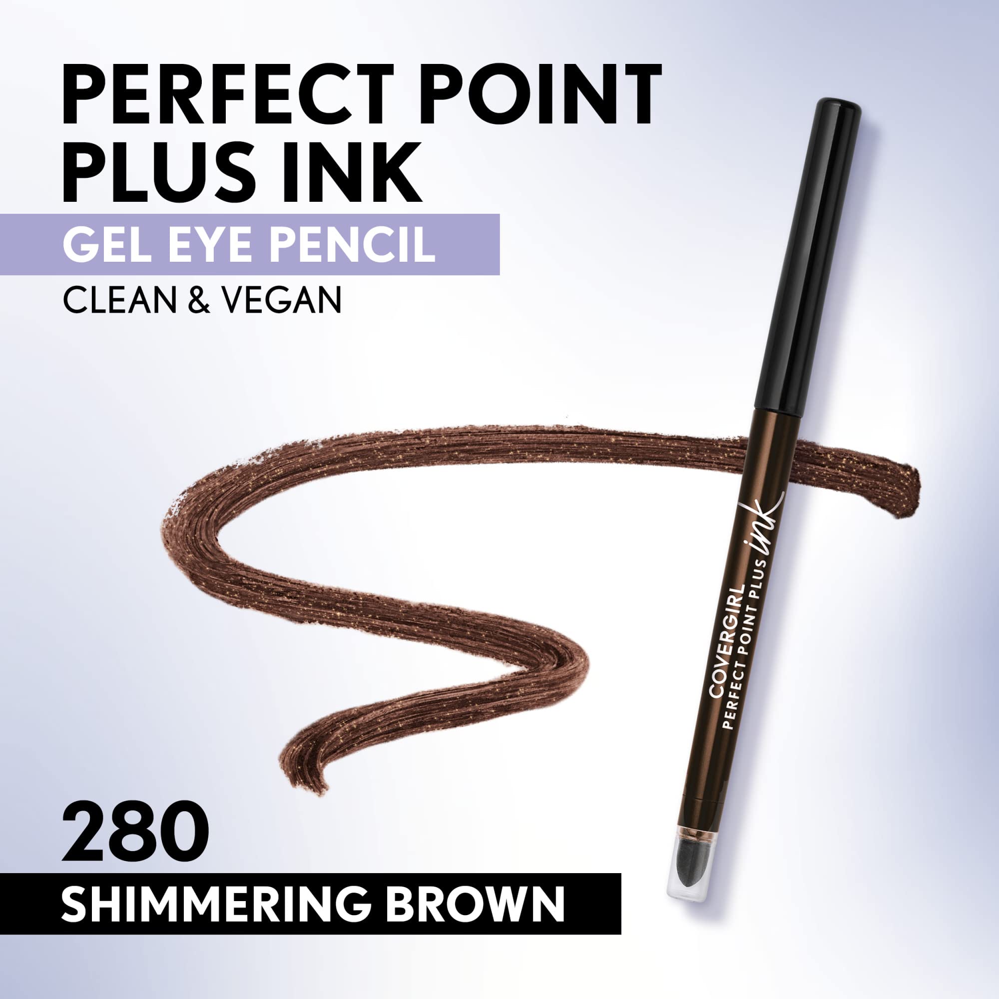 CoverGirl Ink Gel formula swatch in shimmering brown 280, bold color payoff.