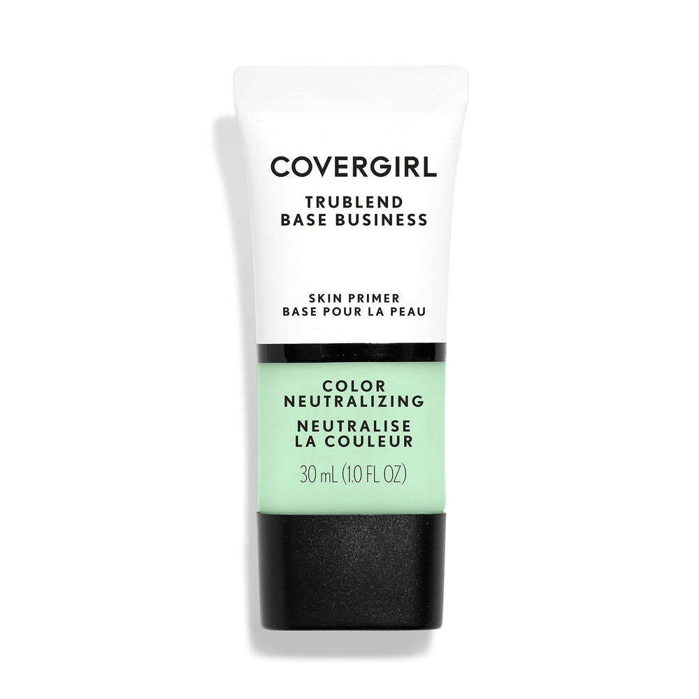 CoverGirl Primer Color Neutralizante, botella en primer plano, neutraliza enrojecimiento para tono uniforme.