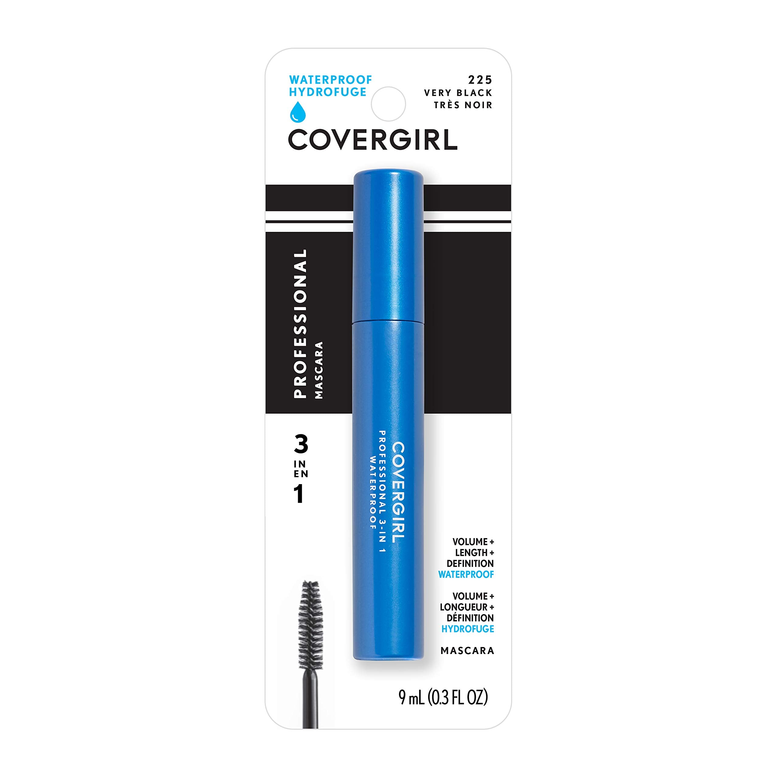 CoverGirl Professional 3-in-1 Waterproof Mascara Very Black 225 lashes-closeup shows lengthened natural lashes