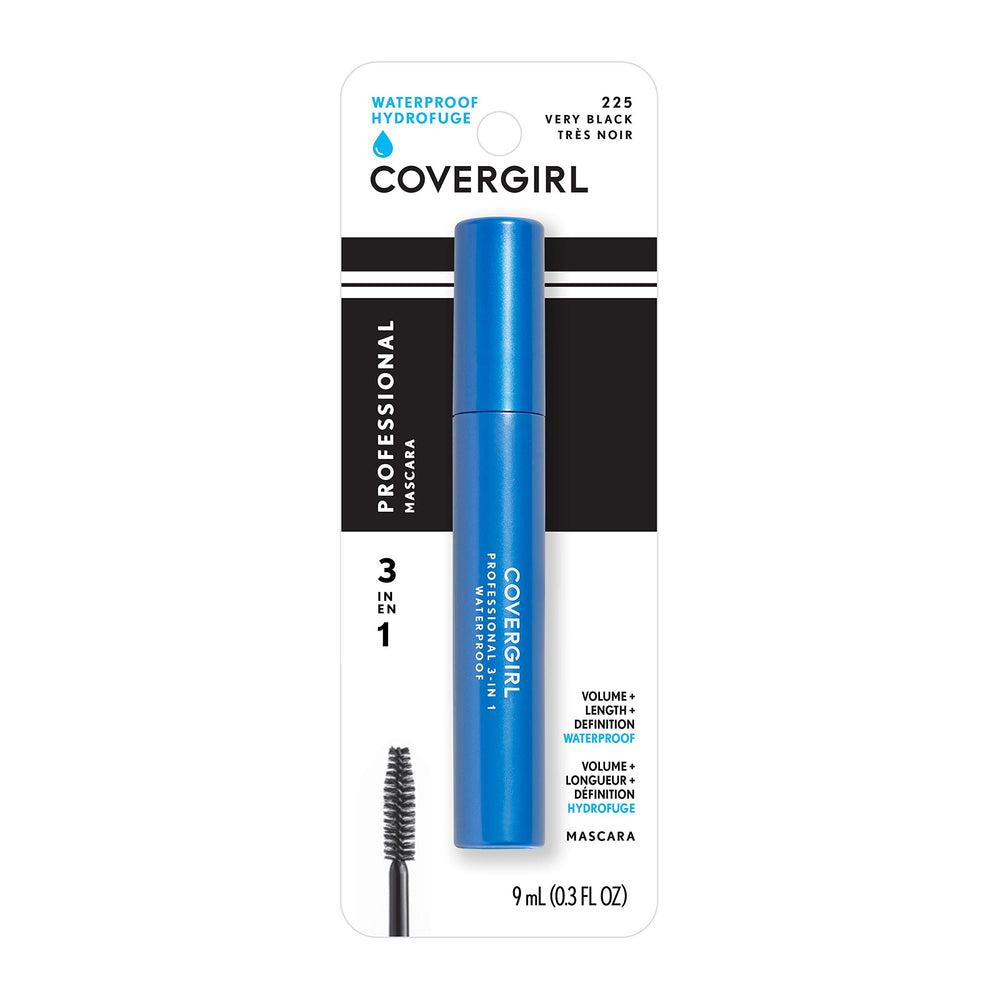 CoverGirl Professional 3-in-1 Waterproof Mascara Very Black 225 lashes-closeup shows lengthened natural lashes