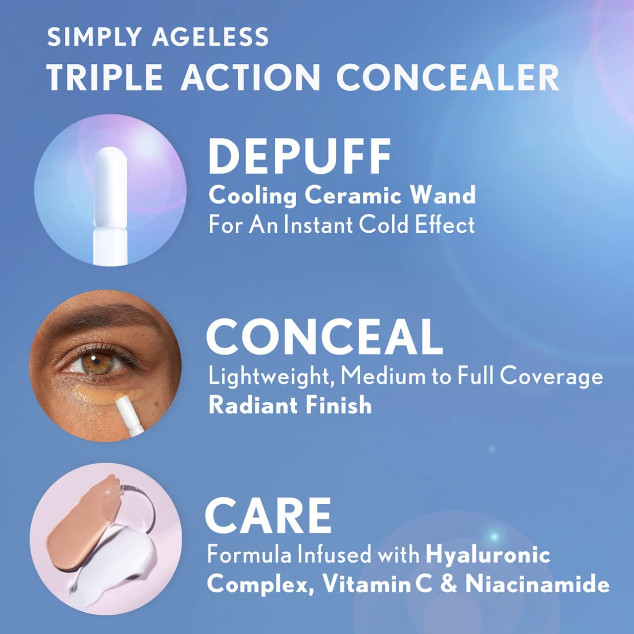 COVERGIRL Simply Ageless contiene acido hialuronico y vitamina C.
