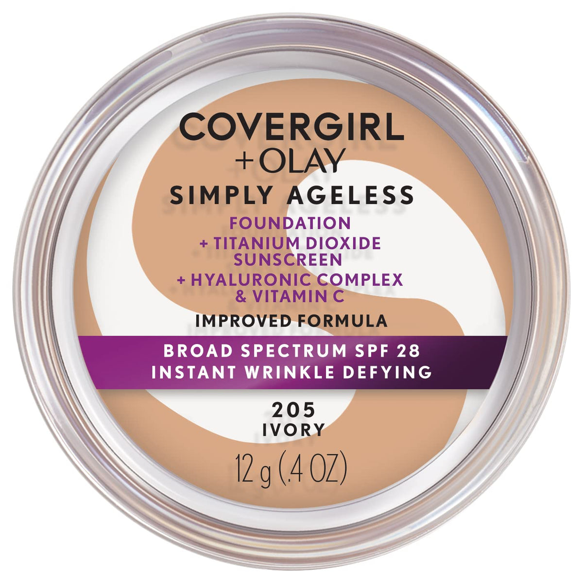 COVERGIRL Simply Ageless Foundation, imagen del bote, aplicación suave.