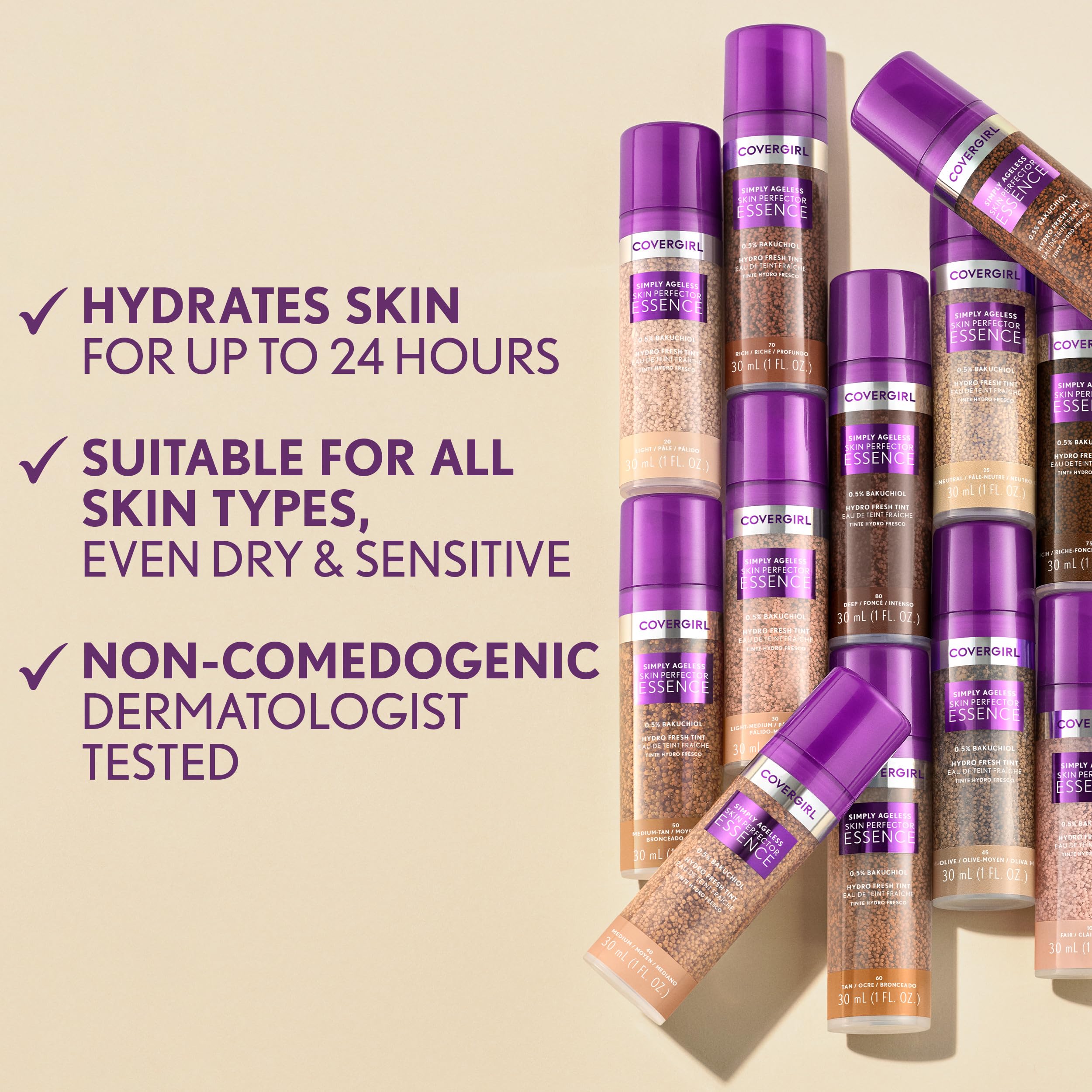 CoverGirl Simply Ageless: hidratación que dura todo el día para piel suave.