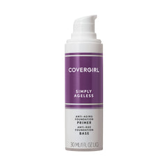 COVERGIRL Simply Ageless Primer junto al envase, hidratación suave para la piel.