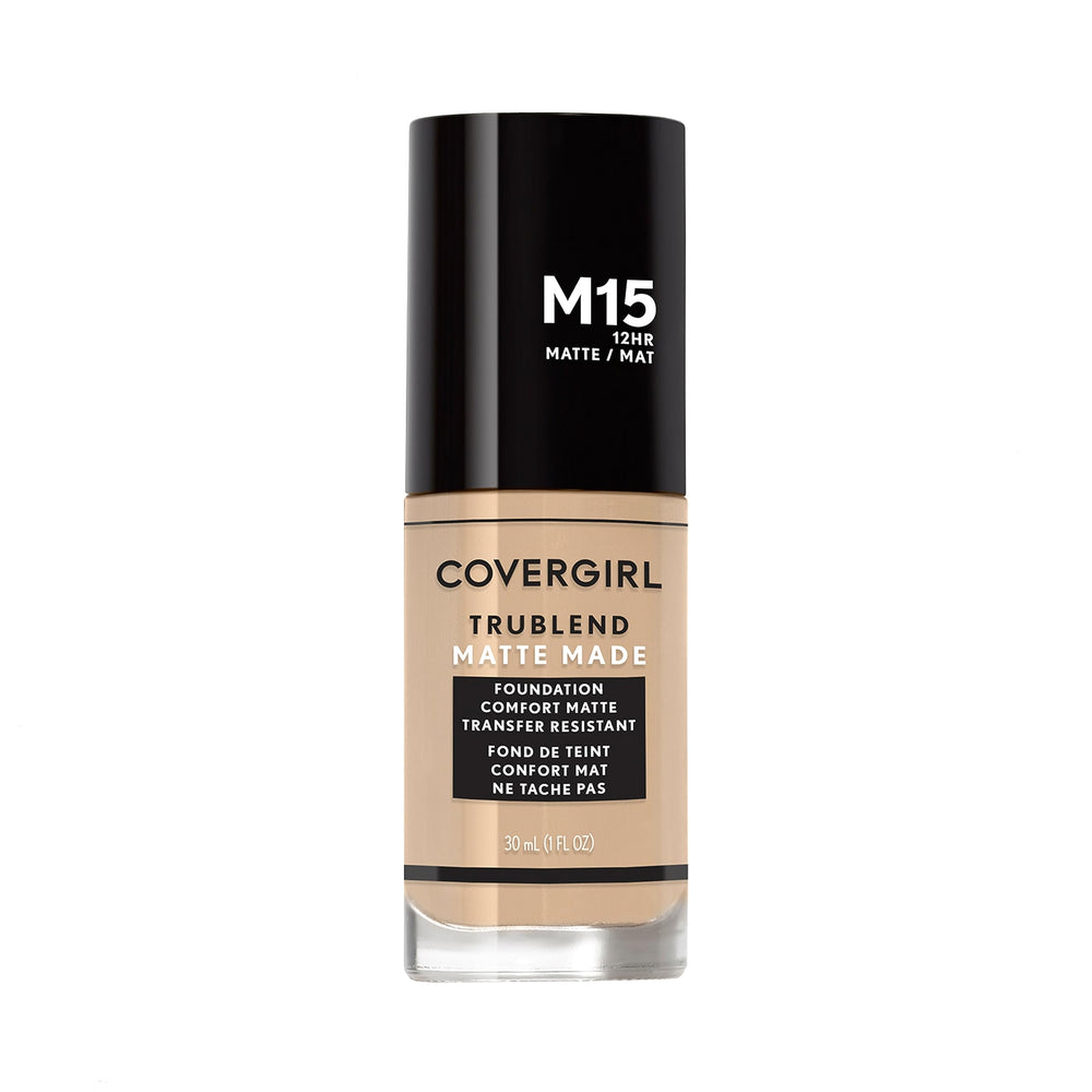COVERGIRL TruBlend Matte Made fundación, botella visible, acabado mate suave para piel luminosa.