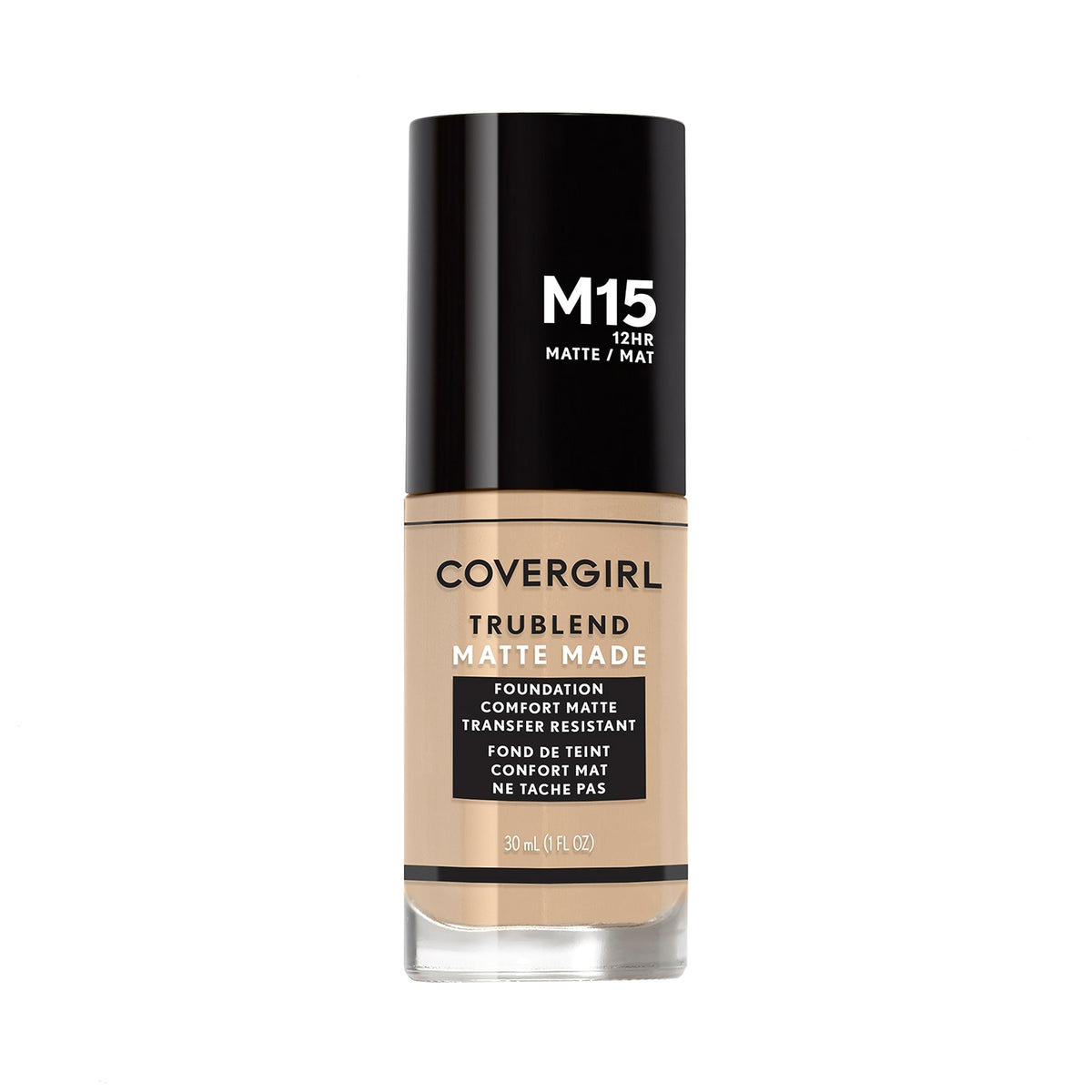 COVERGIRL TruBlend Matte Made fundación, botella visible, acabado mate suave para piel luminosa.