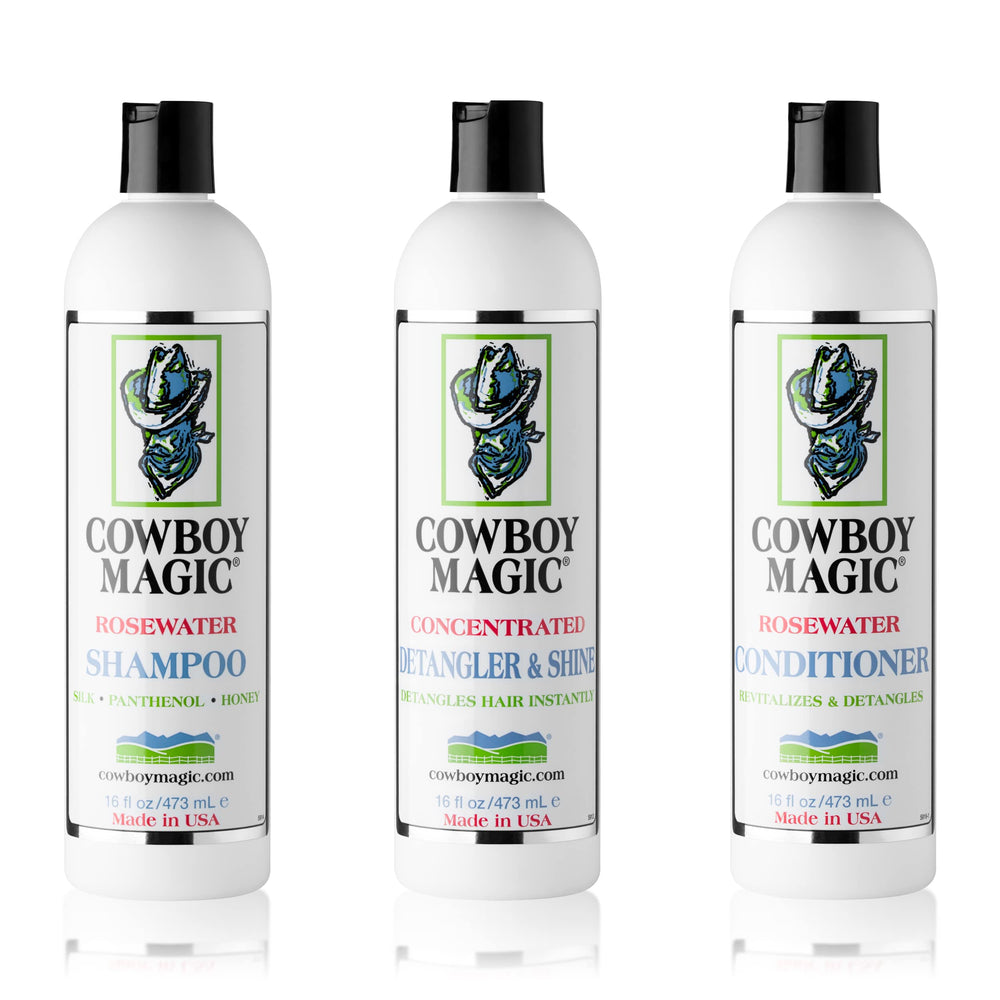 Cowboy Magic Shampoo bottle front shows silk and honey for smoother coats.