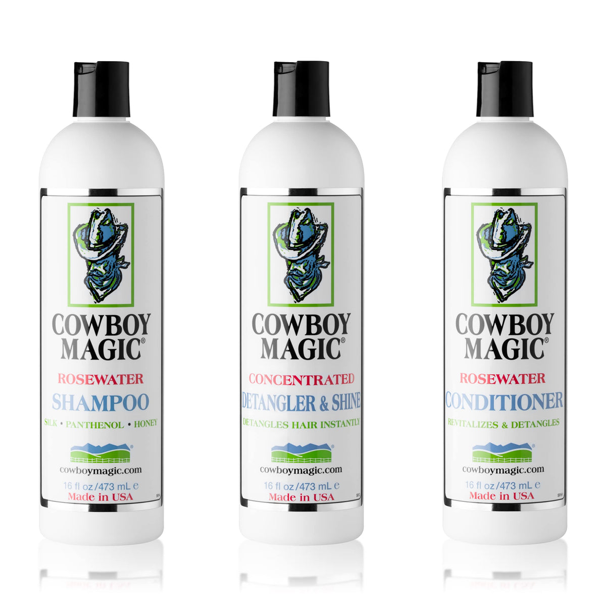 Cowboy Magic Shampoo bottle front shows silk and honey for smoother coats.