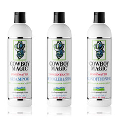 Cowboy Magic Shampoo bottle front shows silk and honey for smoother coats.