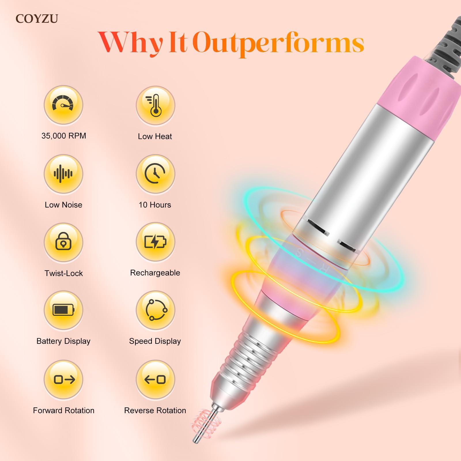COYZU nail drill kit with 6 drill bits for shaping and smoothing nails.