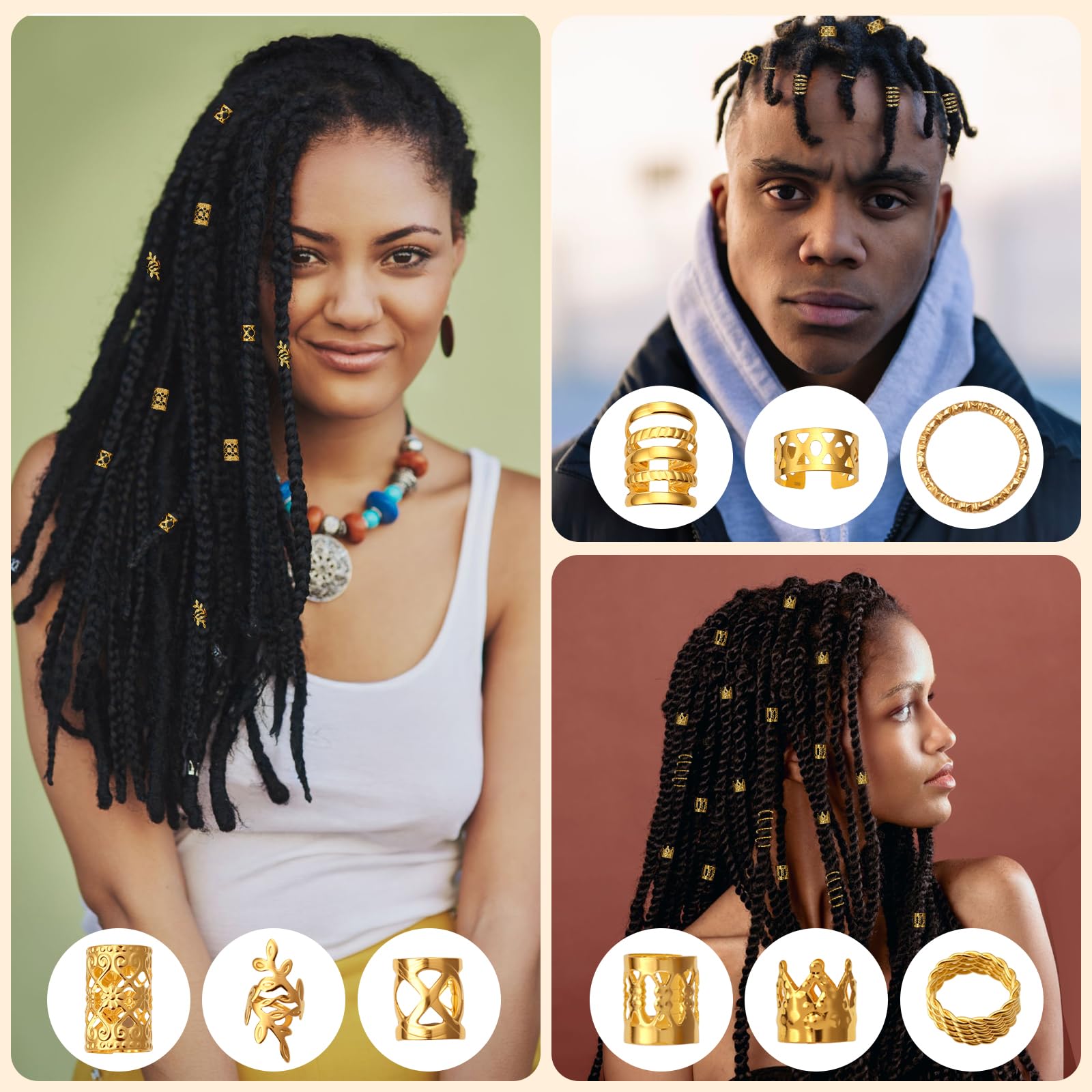 CPOXITI detalles metal para rastas oro, decoración sutil que realza cada peinado.