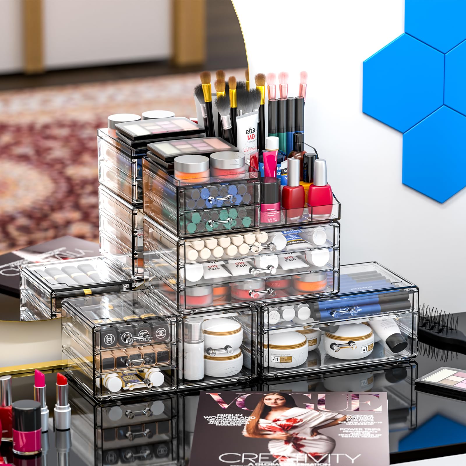 CQ Acrylic beauty and skincare storage collection enhances daily makeup routines.