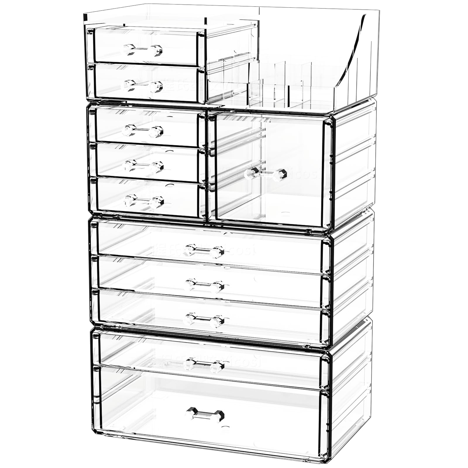 CQ Acrylic clear makeup organizer top drawer keeps daily cosmetics within easy reach.