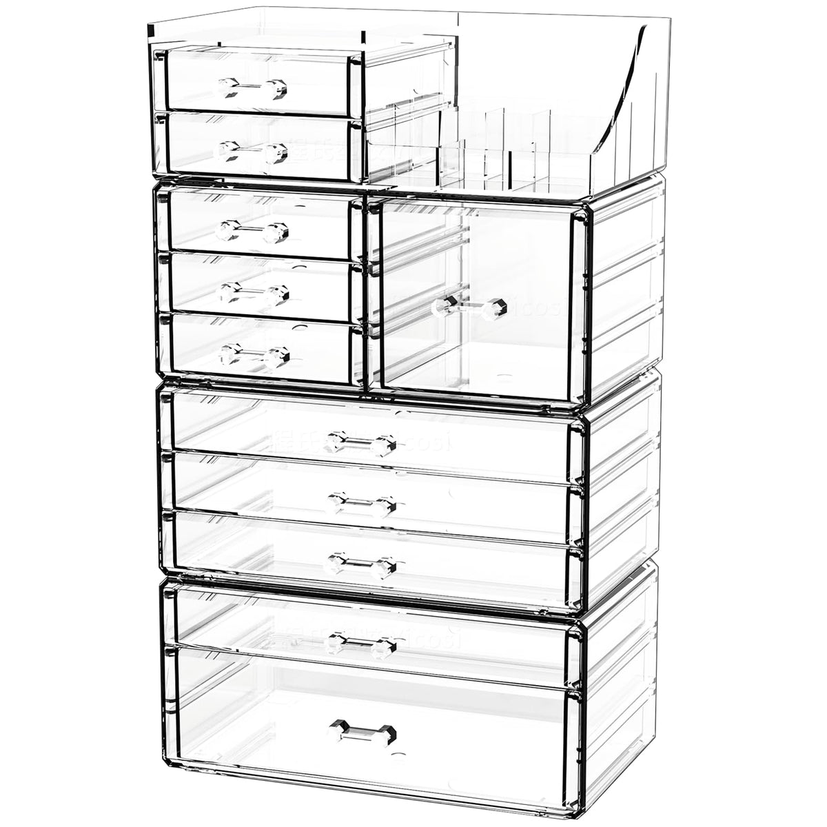 CQ Acrylic clear makeup organizer top drawer keeps daily cosmetics within easy reach.