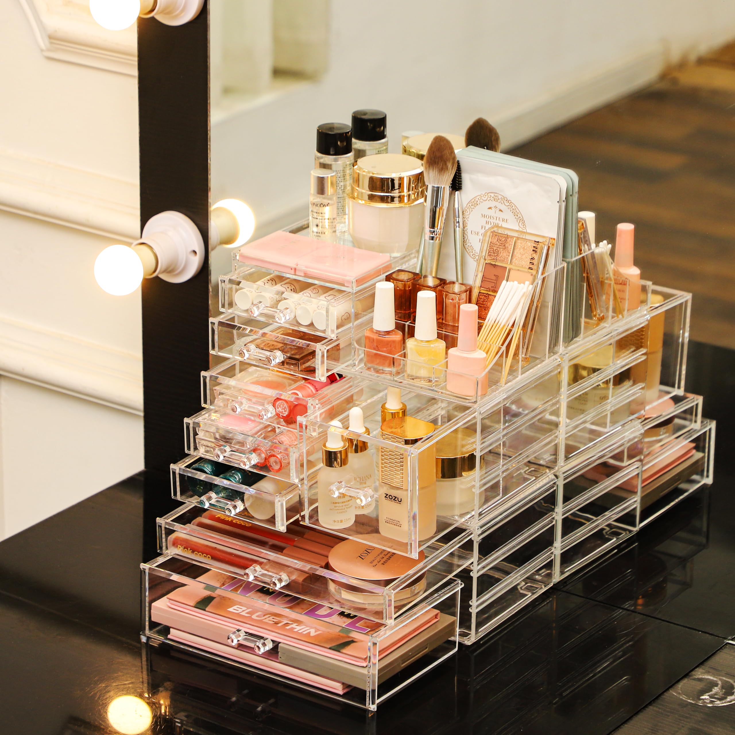 Cq acrylic clear makeup organizer in a dorm room for space saving