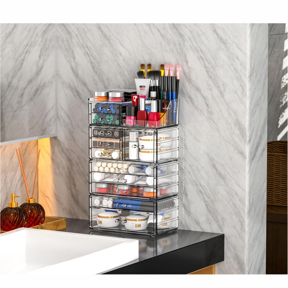 CQ Acrylic dorm room beauty storage for compact, portable desk organization.