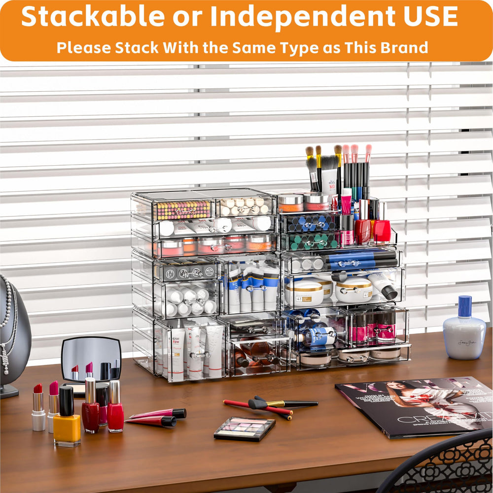 CQ Acrylic vanity organizer with nine drawers offers quick access to essentials.