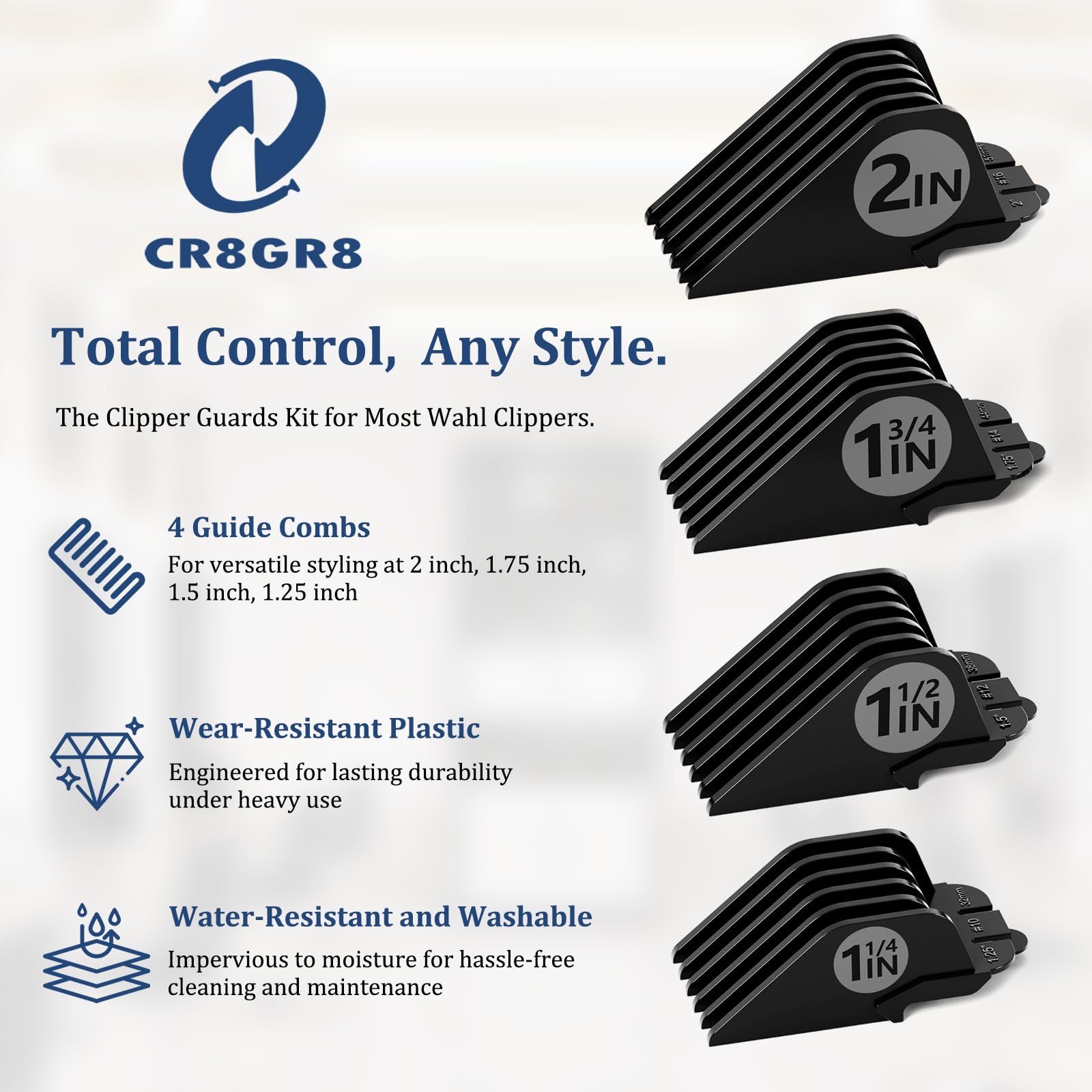 CR8GR8 clipper guards demonstrating Wahl compatibility for easy home use