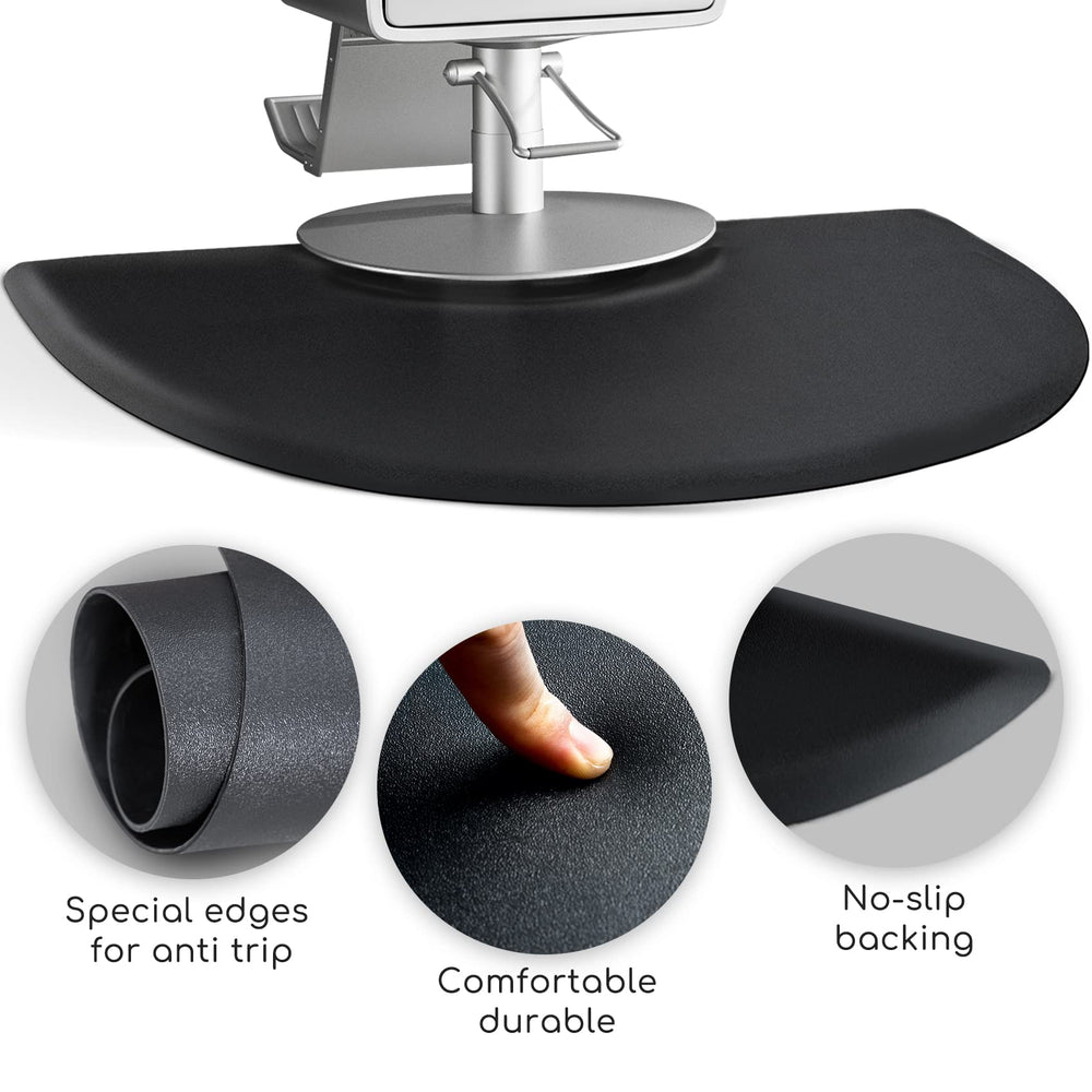 Crablux salon mat under-chair shows stable non-slip base for safe movement.