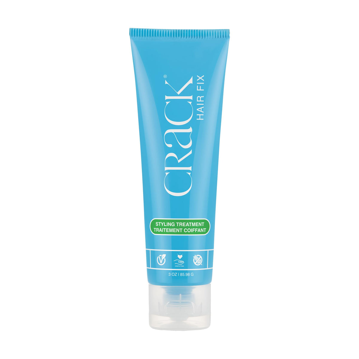 Crack Hair Fix crema sin enjuague en botella, cabello más suave y brillante.