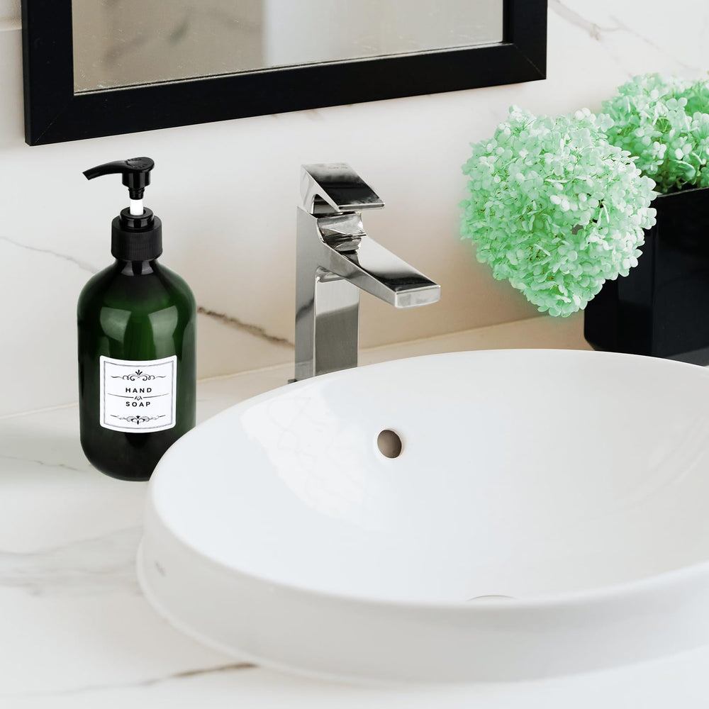 Craftend waterproof labels on bottles help identify dish soap, hand soap, lotion, shampoo, and conditioner.