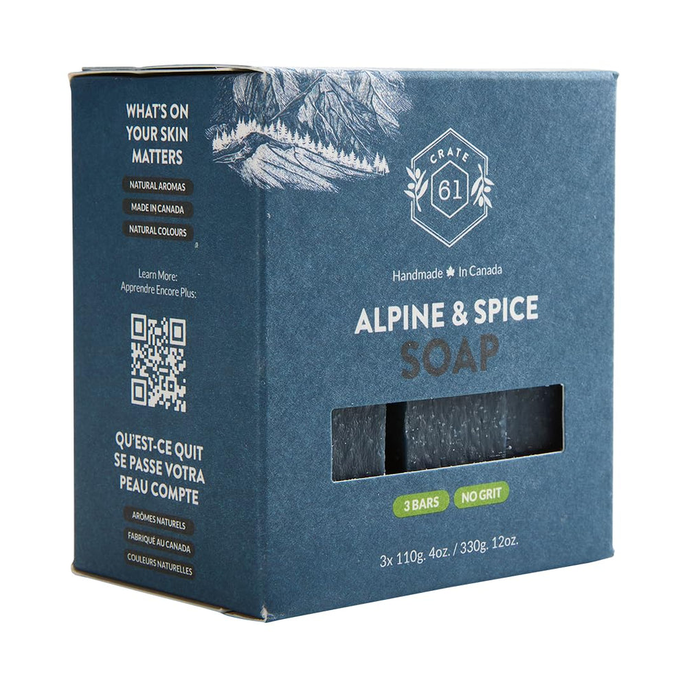 Crate 61 Organics Alpine Especias, vista frontal de barra y empaque ecológico